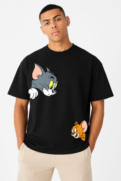 Tom & Jerry Peekaboo Oversized Black T-Shirt – Playful Cartoon Streetwear
