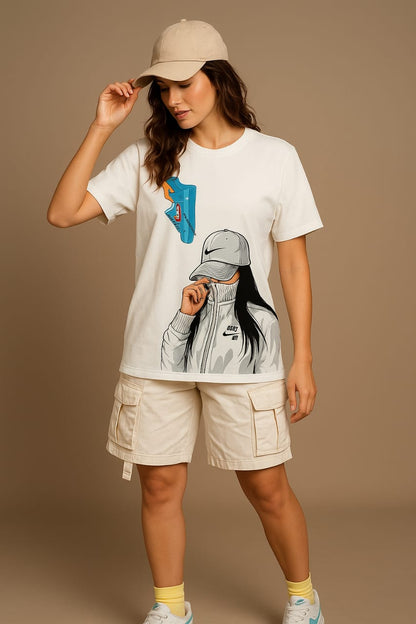 White Graphic Streetwear Oversized T-Shirt – Bold Illustration Design